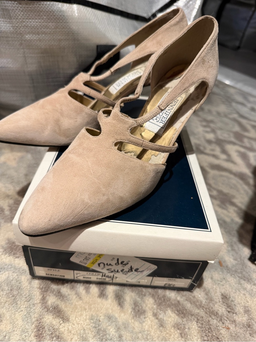Nude Suede Pointed-Toe Strappy Pumps